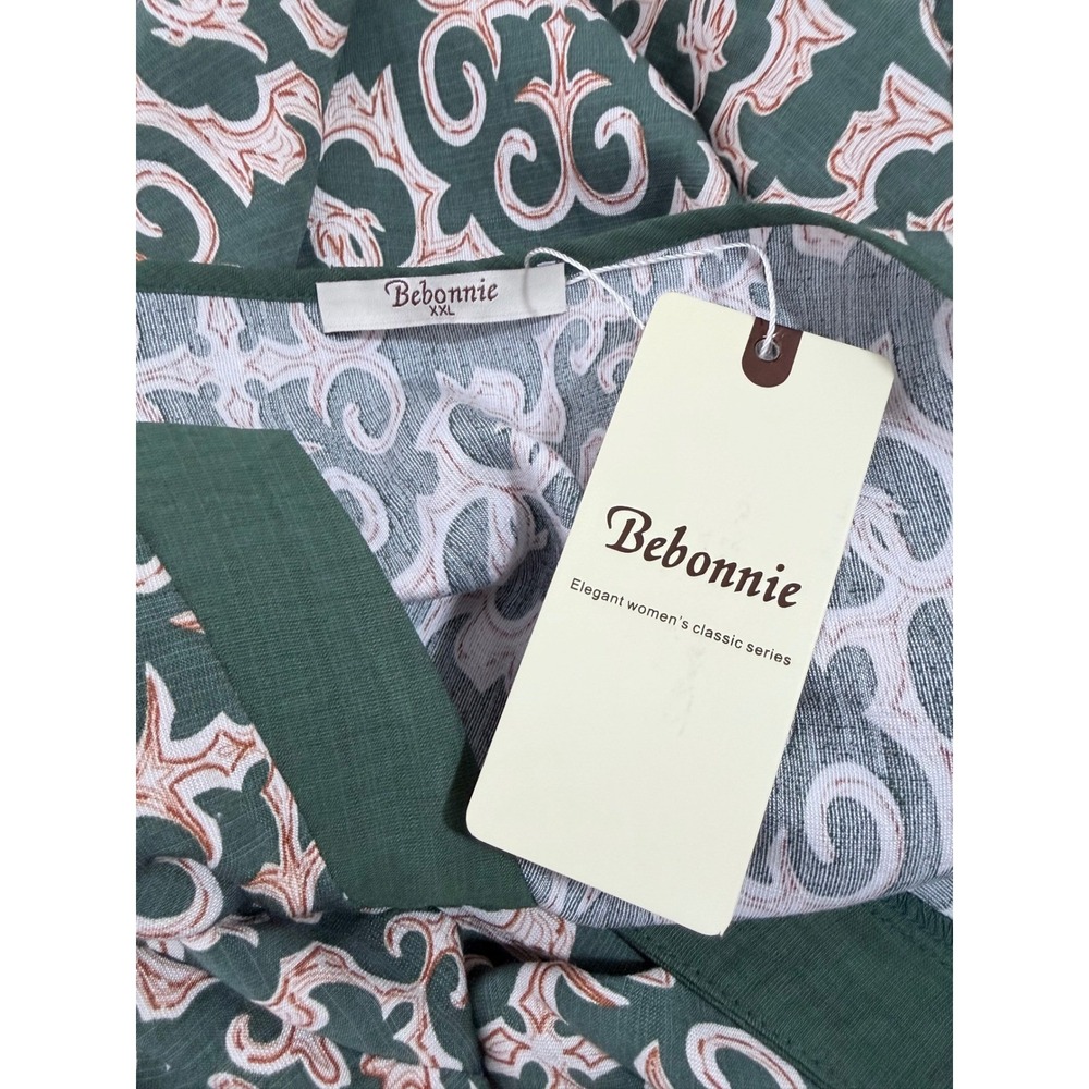 Bebonnie Tunic Top Women XXL Green Damask Print Split V-Neck 3/4 Sleeve Blouse - Picture 3 of 6